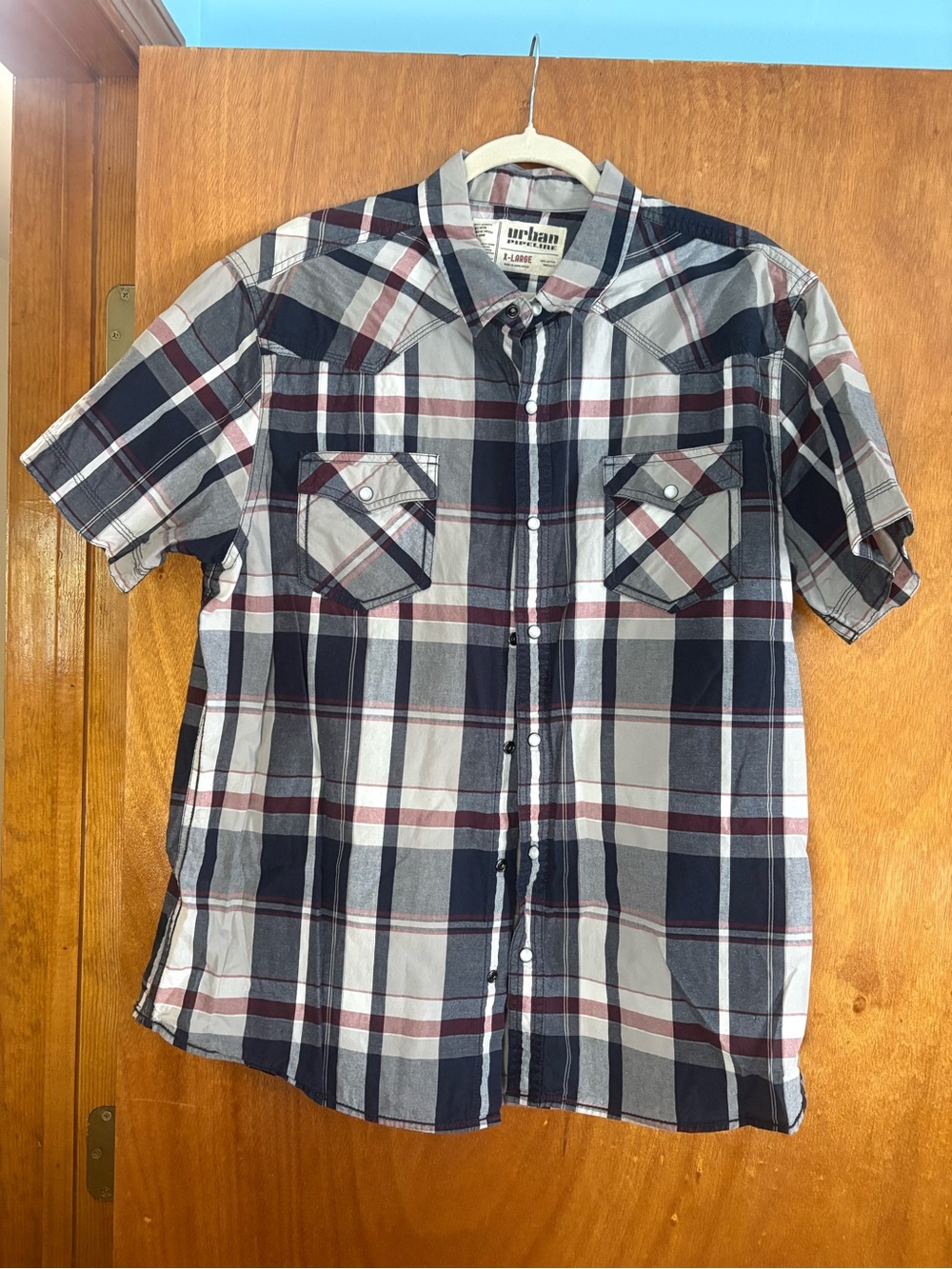 urban pipeline Men’s Short-Sleeve Plaid Button-Down Shirt - Navy, Gray, Burgundy